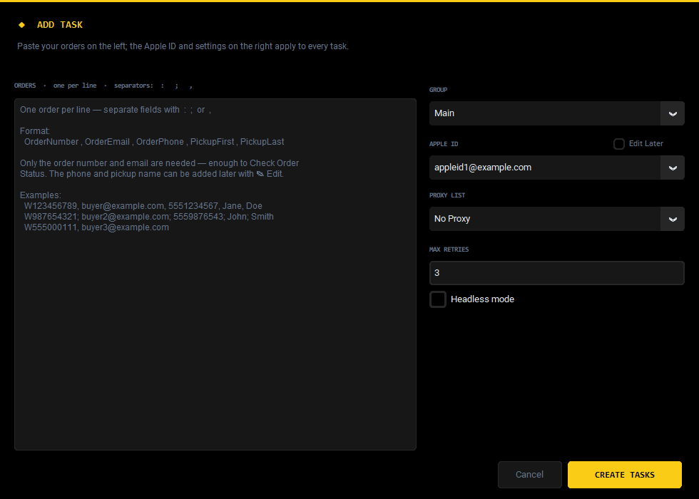 The Add Task window: a box to paste orders, with Group, Apple ID, Proxy List, Max Retries and Headless mode